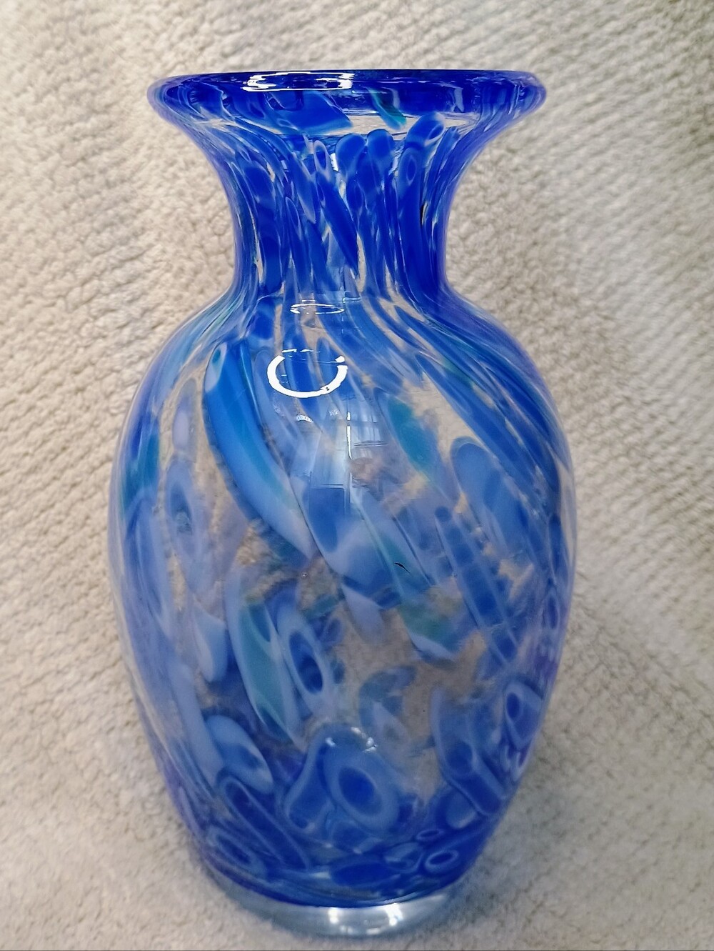 Vintage Blue & White End-of-Day Art Glass Vase – Swirl Mottled Flared Rim 8.5"
